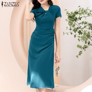 Fancystyle ZANZEA Korean Style Womens Plain Midi Dress Elegant Irregular Neck Collect Waist Kink Vestidos Dresses #11