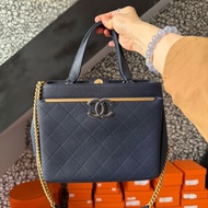 Chanel Grained Calfskin Stitched Small Lady Coco Top Handle Tote Navy