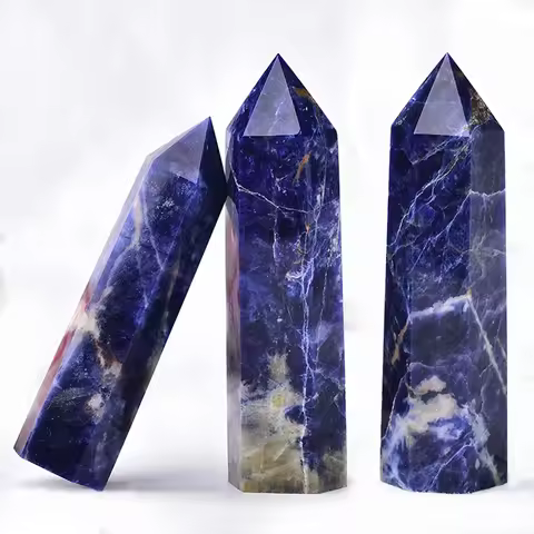 Natural Blue Sodalite Stone Single Point Wand Mineral Crystal Hexagonal Prism Home Decoration Stones