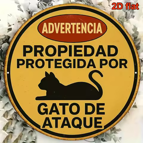 [2D Flat] A Vintage Decorative Sign in Spanish, an 8X8 Inch Round Aluminum Plaque Warning about Cat 