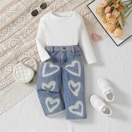 Batang 2 Babae Damit 2Pcs Kaswal Na Solid Color Pang-Tulog Pullover Heart Denim Pang Mga Bata Aut