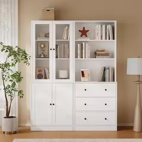 6-Tier White Bookshelf with Storage and Glass Doors for Home Office or Dining Room