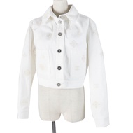 狀況極佳的 CHANEL P70204 棉質短款牛仔夾克，飾有 Coco Mark 紐扣和山茶花壓紋，尺寸 36，白色，義大利製造，正品，女款。