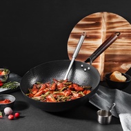 【Pretty】Large 12IN Uncoated Authentic Carbon Steel Flat Bottom Non-Stick Wok With Spatula And Wooden Lid