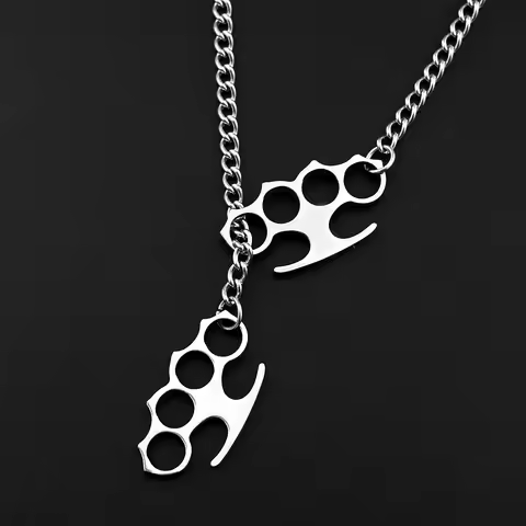 Hip Hop Stainless Steel Knuckles Necklace Black Y‑Shape Chain Knuckle Duster Necklace for Men Women 