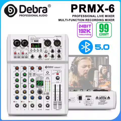 PRMX-6 Audio Mixer, DJ Mixer with 5.0 BT, 99 DSP Effects, Studio Quality 24bit 192k for Webcasting,