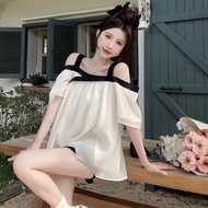 Set áo tiểu thư trễ vai vải voan tay phồng mix quần short nữ Đồ bộ nữ dễ thương style Hàn Quốc