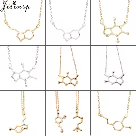 Jisensp Caffeine Molecule Geometric Necklaces Pendants DNA Serotonin Dopamine Necklace Chain Chokers