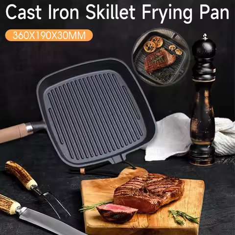 Cast Iron Skillet Steak Pan Non-Stick Square Skillet With Wooden Handle Frying Pan Steak Frying Pot 