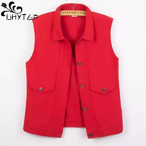 UHYTGF 6XL Short Denim Vest Women Solid V-Neck Sleeveless Female Jacket Fashion Casual Spring Autumn
