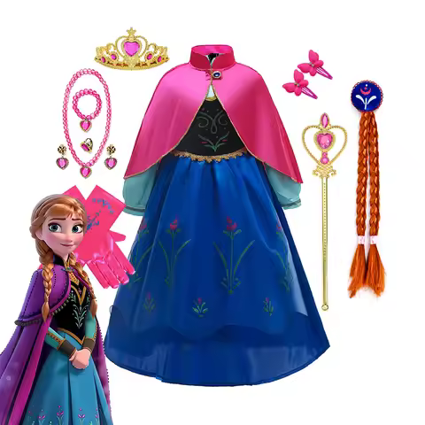 Disney Frozen Princess Anna Dress with Fuchsia Cape Girls Snow Queen Elsa's Sister Costume Play Todd