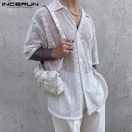 INCERUN Oversized Polo for Men Short Sleeve Casual Loose Shirt Lace Fabric See-through Korean Shirts