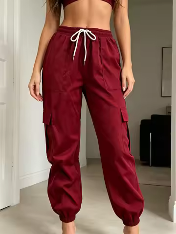 Women's American-style street-style drawstring elastic waist pants with multiple pockets and cargo-s