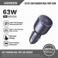 Ugreen EC701 Car Charger Dual Port USB C + USB A 63W Fast Charging PD 3.0 PPS Adapter Saver Universa