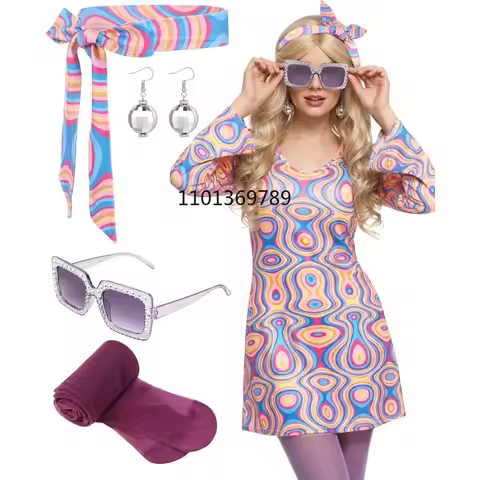 5 Pcs 70s Disco Outfit for Women Hippie Costumes Accessories 70s 80s Dress Headband and Glasses Hall
