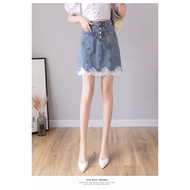 Women's High-Waist Lace-Stitched Denim Skirt - Slimming & Versatile Fit | IZR9