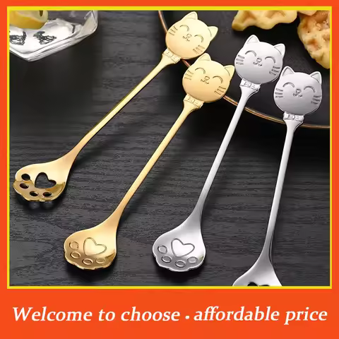 。1pc Stainless Steel Coffee Spoon Lovely Cat Shape Teaspoon Ice Cream Mini Spoons Tableware Kitchen 
