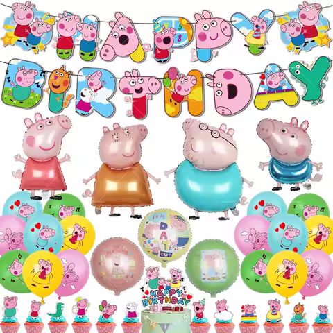 Peppa Pig Balloons George Party Decoration Happy Birthday Banner Cake Topper Disposable Tableware Ba