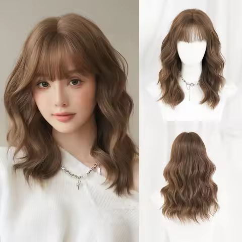 7JHH WIGS Shoulder Length Water Wave Honey Brown Wig for Women Synthetic Modest Fashion Wear and Go 