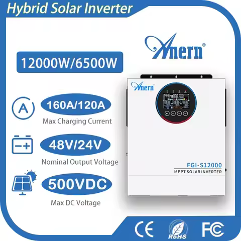 Anern 12KW 6.5KW 5KW High Frequency Hybrid Solar Inverter 160A 48V Solar Battery Charge Dual AC Outp