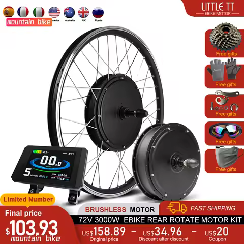 Ebike Conversion Kit 72V 3000W Brushless Gearless Rear Rotate Hub Motor Wheel 20/26/27.5/29inch For 