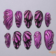 Black Mauve Almond Fake Nails with Cat Eyes with Zero Pressure on the Nail Bed Design