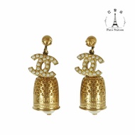 【巴黎站二手名牌專賣店】＊現貨＊CHANEL 香奈兒 真品＊復古鍍金珍珠雙C鈴鐺吊墜耳環