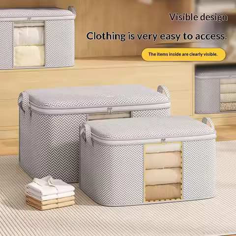 Non-Woven Storage Bags with Window - Herringbone Pattern Clothes Organizer, Dustproof Moving Bag for