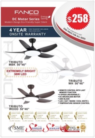 Fanco tributo Designer ceiling fan with light, 5 blades, 6 blades, 46/56 inch dc motor with 3 tone led light and remote control and installation ,White, black, mocha cheapest ceiling fan with long warranty installation delivery singapore