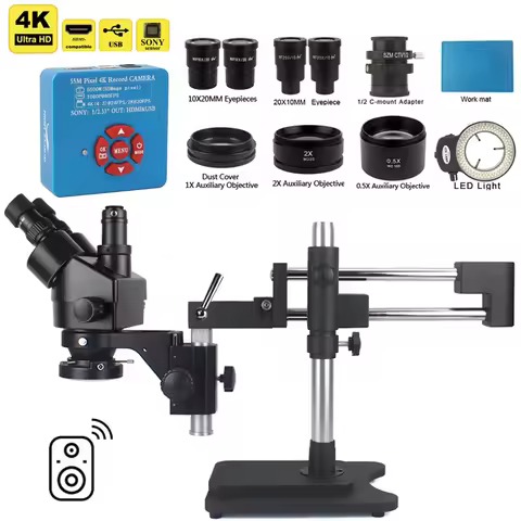 3.5X 90X Simul-Focal Double Boom Stand Trinocular Stereo Zoom Microscope 48MP 2K 4K HDMI VGA USB Cam