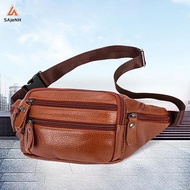 Large Capacity Waterproof Real Leather Men's Waist Bag Cowhide Zipper Site Bag