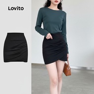 (Fashion_3) Lovito Sexy Plain Asymmetrical Pleated Skirt for Women L123ED044
