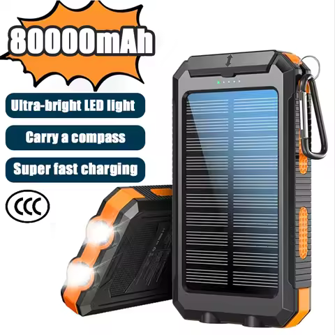 New Solar Power Bank 80000mAh Portable Charging Poverbank External Battery Charger Strong Light LDE 
