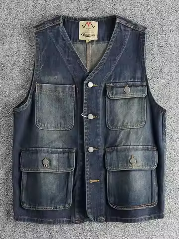 Vintage Multi-Pocket Denim Vest Men Distressed Sleeveless American Cargo Waistcoat Casual Rugged Lay