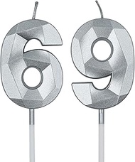 69th & 96th Birthday Candles for Cake, Silver Number 69 96 3D Diamond Shaped Candle Birthday Decorat