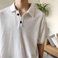 M-XXXL High Quality Korean Style Fashion Men's Short Sleeve Waffle Textile Plain Polo Shirt Oversized Lapel Casual T-shirt White Black