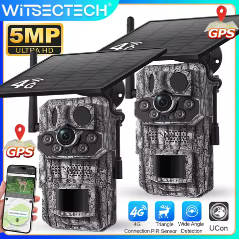 2PCS 4G LTE Cellular Trail Cameras 5MP HD Live Stream Trail Cam Outdoor Solar Hunting Cameras Night 