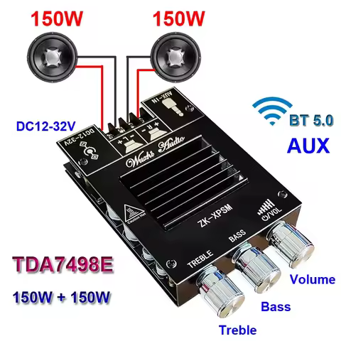 150W + 150W TDA7498E Audio Power Amplifier Equalizer BT 5.0 Stereo Subwoofer HiFi Class D Digital Mu