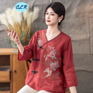 Cle Chinese Style Chinese Style Retro Cotton Linen Top Women Summer New Style Diagonal Lapel Literar