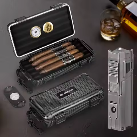 Cigar Travel Humidor and Cigar Lighter Set, Portable Travel Case with Humidifier, Hygrometer, Cigar 