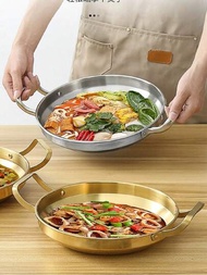 1個韓式不沾不鏽鋼炒鍋,加厚海鮮煮飯器具,商用火鍋,金色雙耳平底不沾鍋