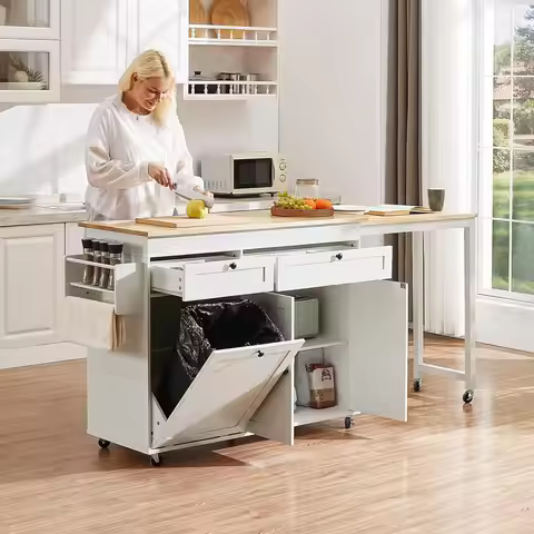 81.7" Mobile Kitchen Island with Extendable Dining Table, Rolling Kitchen Cart with Trash Can Storag
