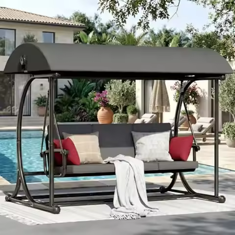 Modern Patio Swing for Outdoor Use, Steel Frame with Grey Fabric, Adjustable Canopy Removable Cushio