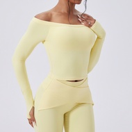 High-end yoga clothes womens sportswear one-word collar tight long-sleeved nude fitness waist runnin