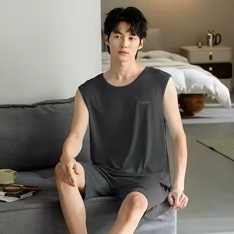 Summer Men Sleepwear Men Round Neck Solid Vest Pijama Men's Modal Home Clothing