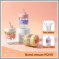 Hoho Mini Glass Tumbler Aesthetic Drinking Bottle/ Hoho Mini Glass Drinking Bottle/ with Lid and Str