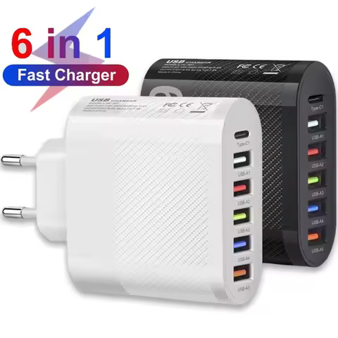 48W 6 Ports USB Charger Fast Charging Type C Phone Travel Charger Adapter For iPhone 17 Samsung Xiao