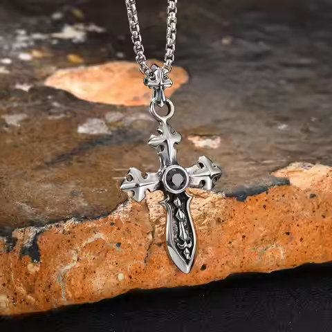Vnox Sword Pendant with Black Zircon Necklace for Men, Stainless Steel Waterproof Box Chain Retro Pu