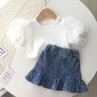 Baby Girl 2Pcs Suit White Puff Sleeve Shirt + Jeans Skirt Kids Girl Wrap Skirt