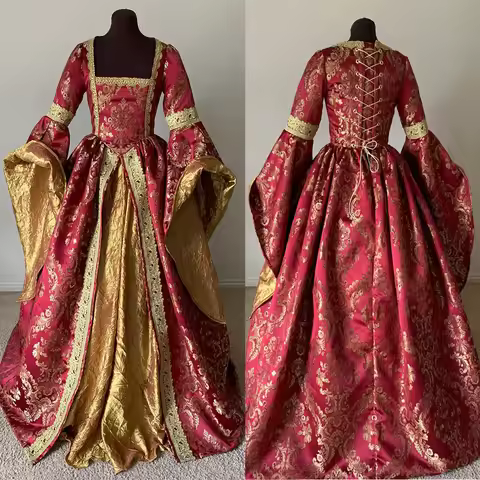 Custom Made Tudor Anne Boleyn Costume Scarlet Red Wine and Gold Renaissance Vintage Elizabeth Queen 